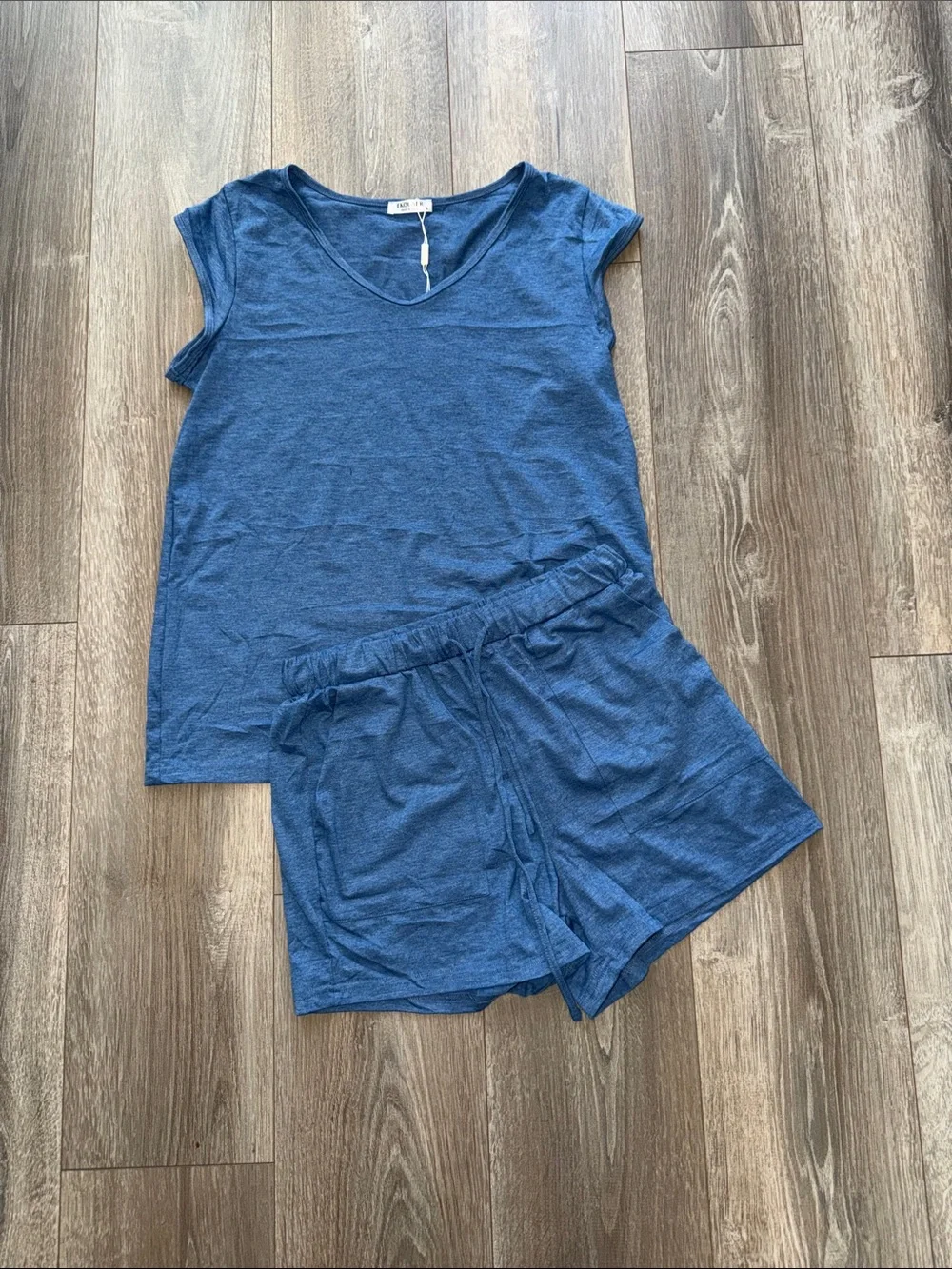 Women's Blue Two-Piece Knit Lounge Set - Short Sleeve Top & Drawstring Shorts